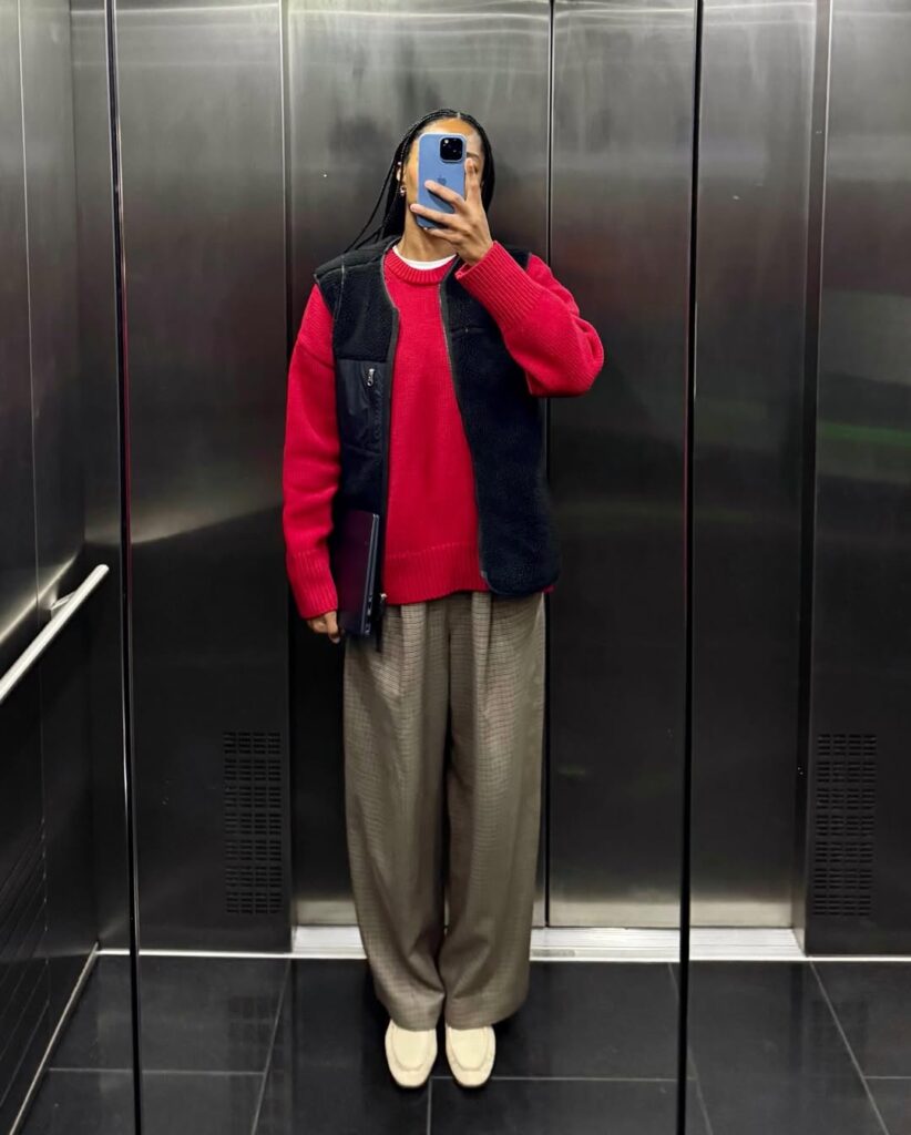 Red Knit Sweater with Relaxed Trousers and Cream Loafers