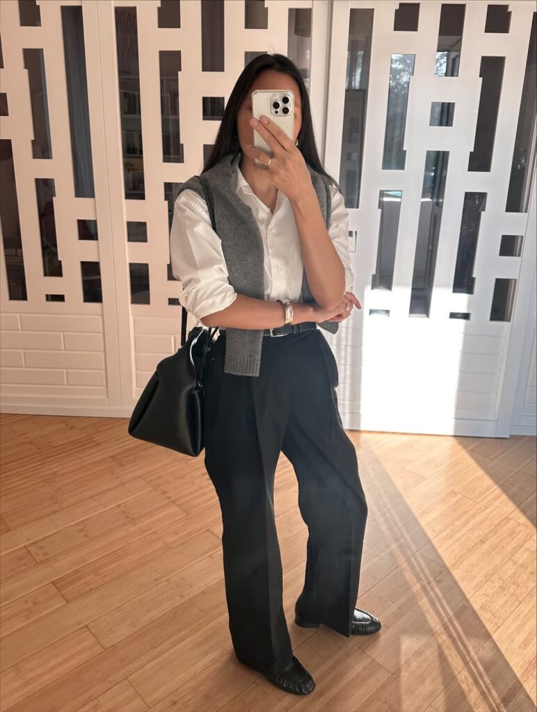 White Shirt with Tailored Black Trousers and Classic Loafers