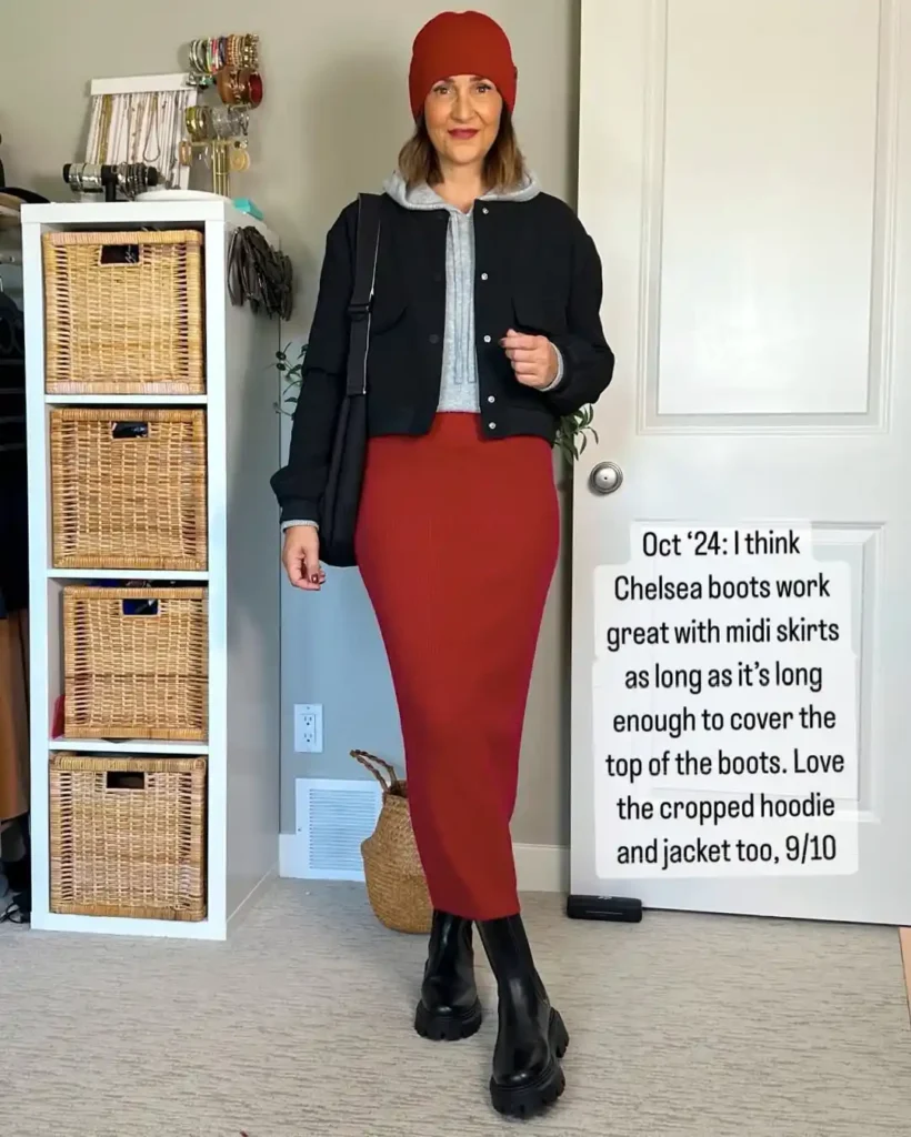 Casual Midi Skirt Chelsea Boots Outfit