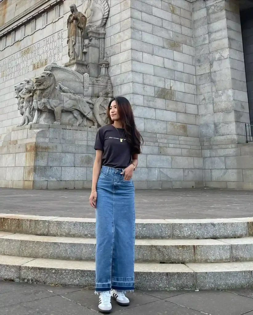 Classic Maxi Denim Skirt Outfit with Adidas Sambas