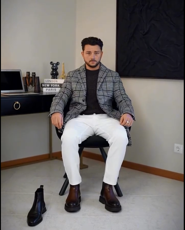 Check Blazer with White Trousers and Leather Boots