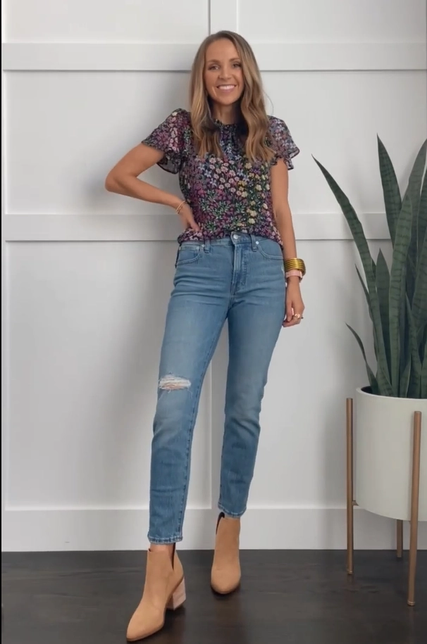 Floral Top Mom Jeans Outfit with Ankle Boots