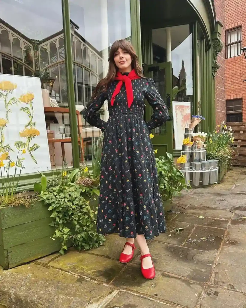 Dark Floral Dress with Red Mary Janes for Spring