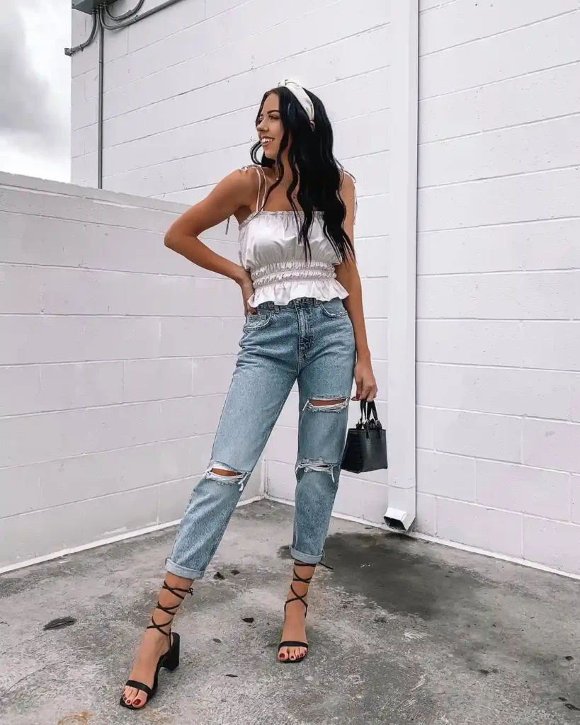 Satin Cami and Mom Jeans Outfit with Heels