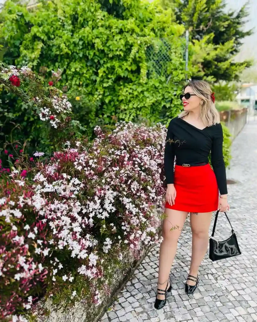 Bold Red Skirt and Black Mary Jane Spring Outfit