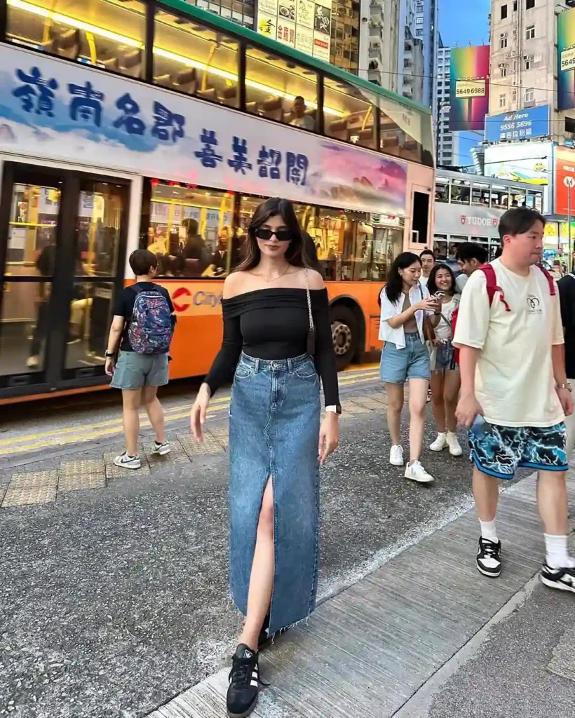 Off-Shoulder Denim Skirt Outfit with Adidas Sambas