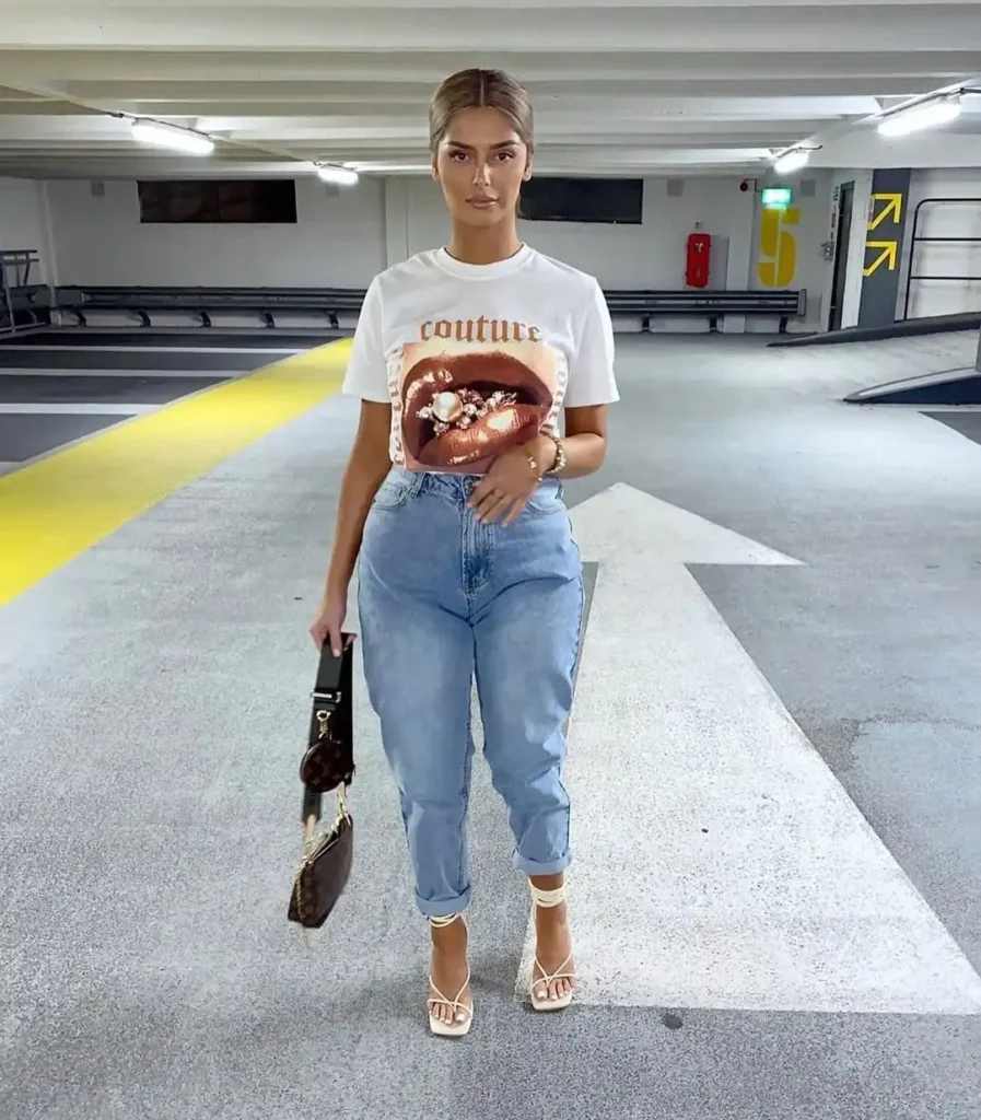 Graphic Tee and Mom Jeans Outfit with Heels