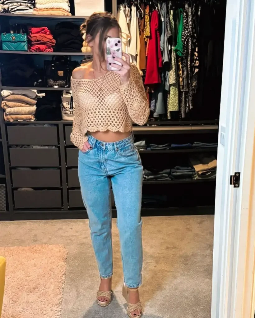 Crochet Top and Mom Jeans Outfit with Heels