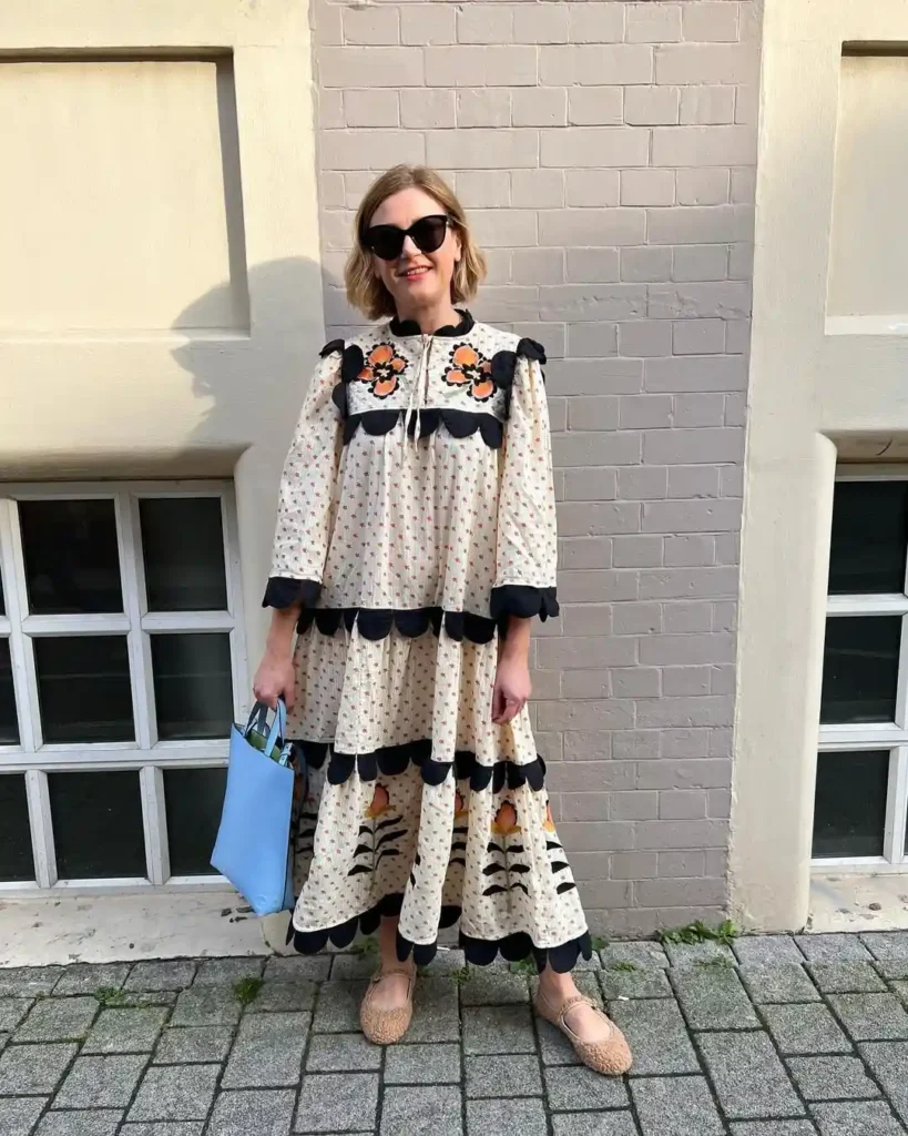 Printed Midi Dress with Neutral Mary Janes for Spring