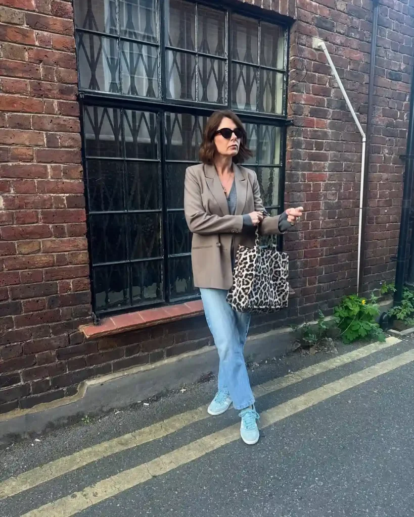 Taupe Blazer with Light Jeans and Sneakers