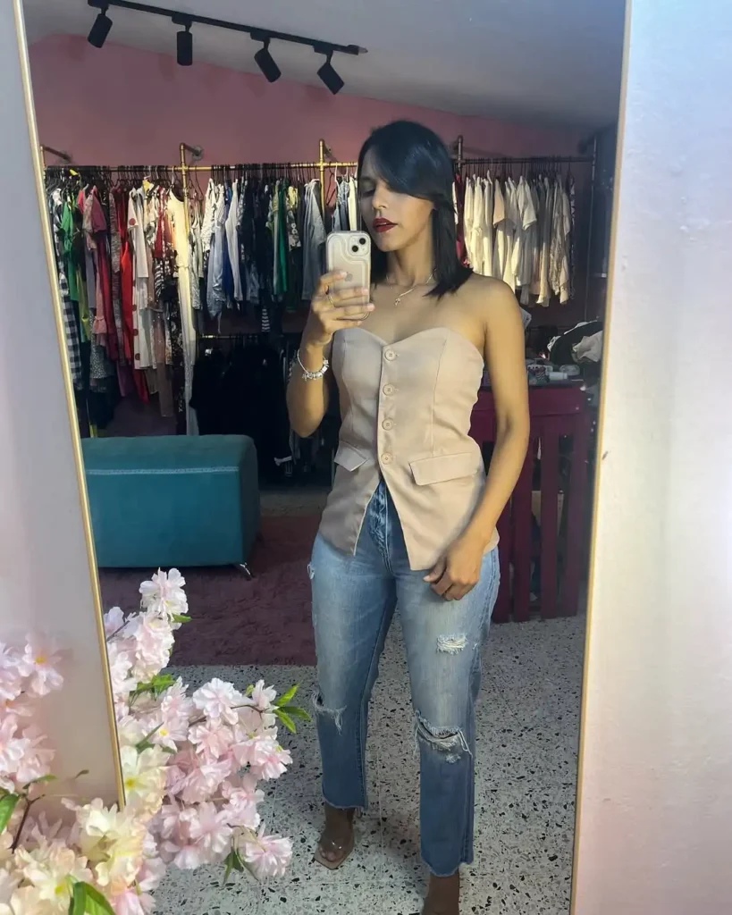 Strapless Top and Mom Jeans Outfit with Heels