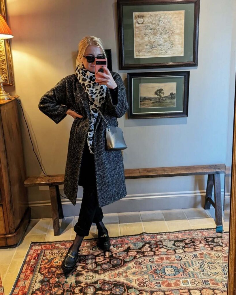 Textured Grey Coat with Black Layers and Classic Loafers