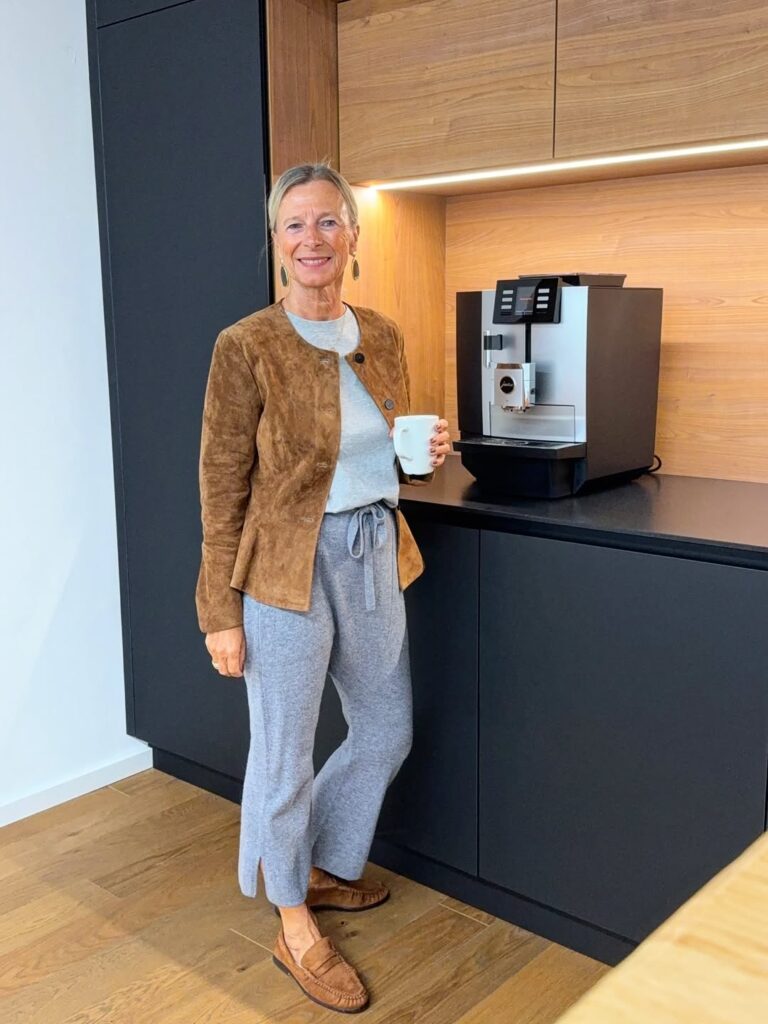 Soft Suede Jacket with Relaxed Trousers and Brown Loafers