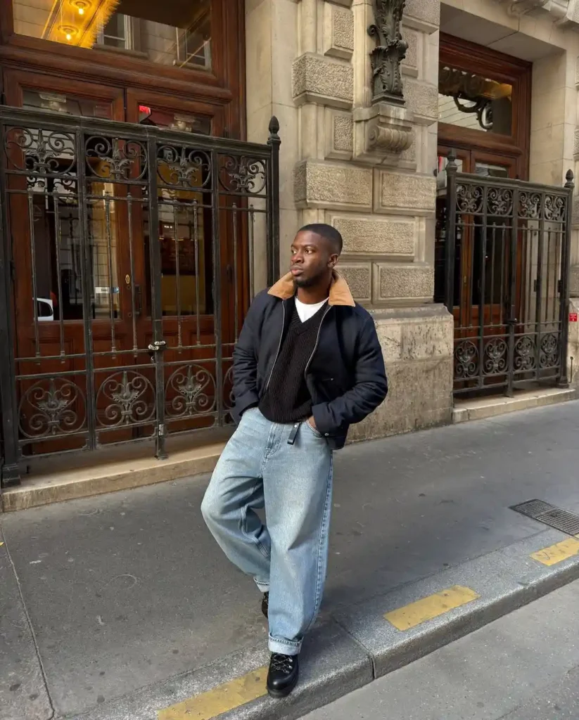 Classic Jacket with Light Baggy Jeans and Black Boots