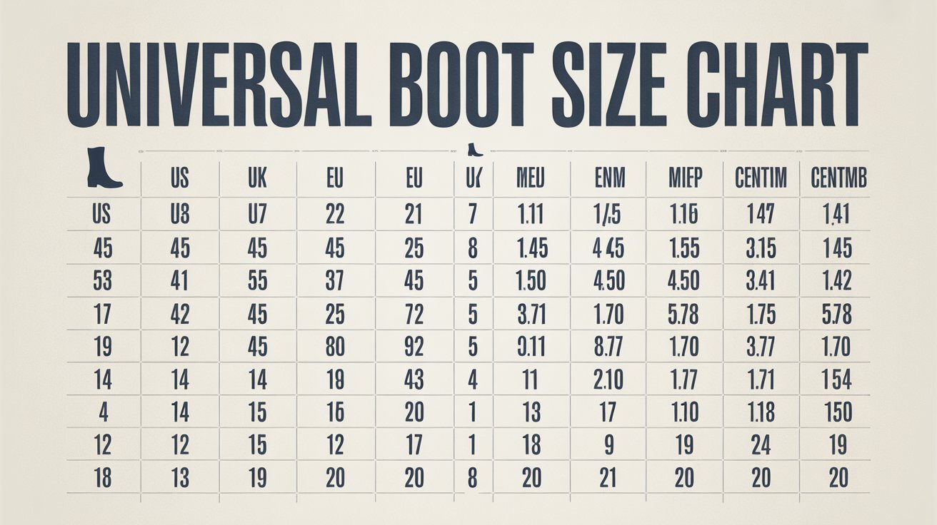Use this universal boot size chart to compare US, UK, and EU sizes. Includes foot length measurements and tips for choosing the perfect boot fit.