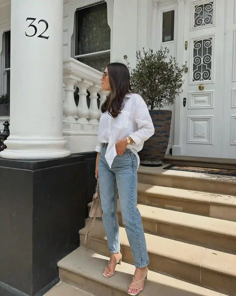 White Shirt and Mom Jeans Outfit with Heels