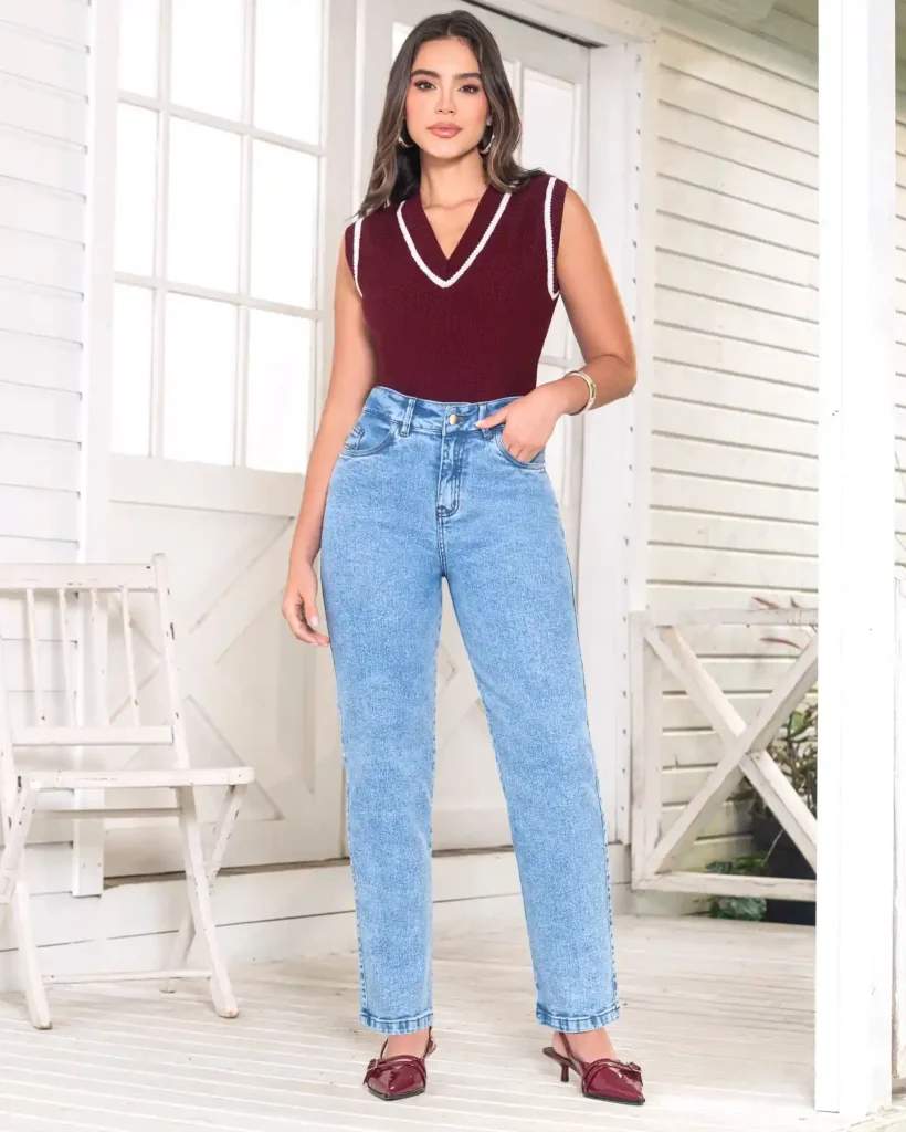 Sleeveless Knit Top and Mom Jeans Outfit with Heels