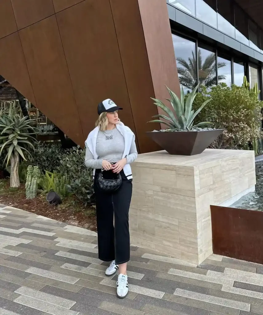 Sporty Black Denim Skirt Outfit with Adidas Sambas