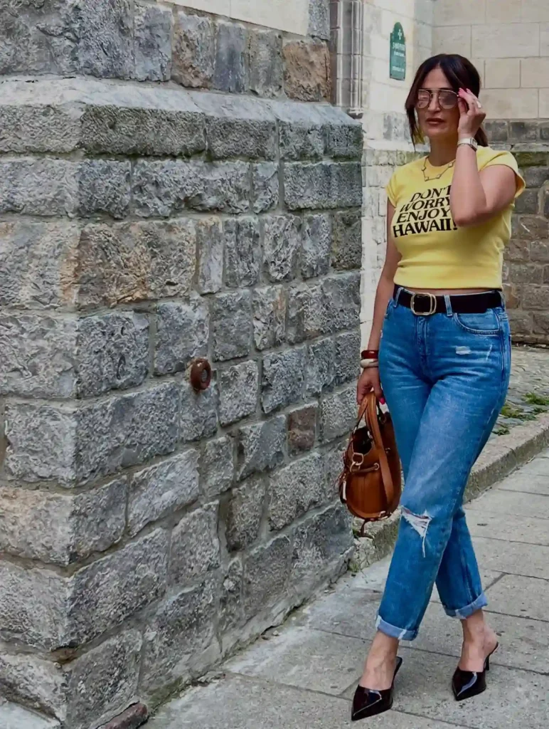 Graphic Tee and Mom Jeans Outfit with Heels