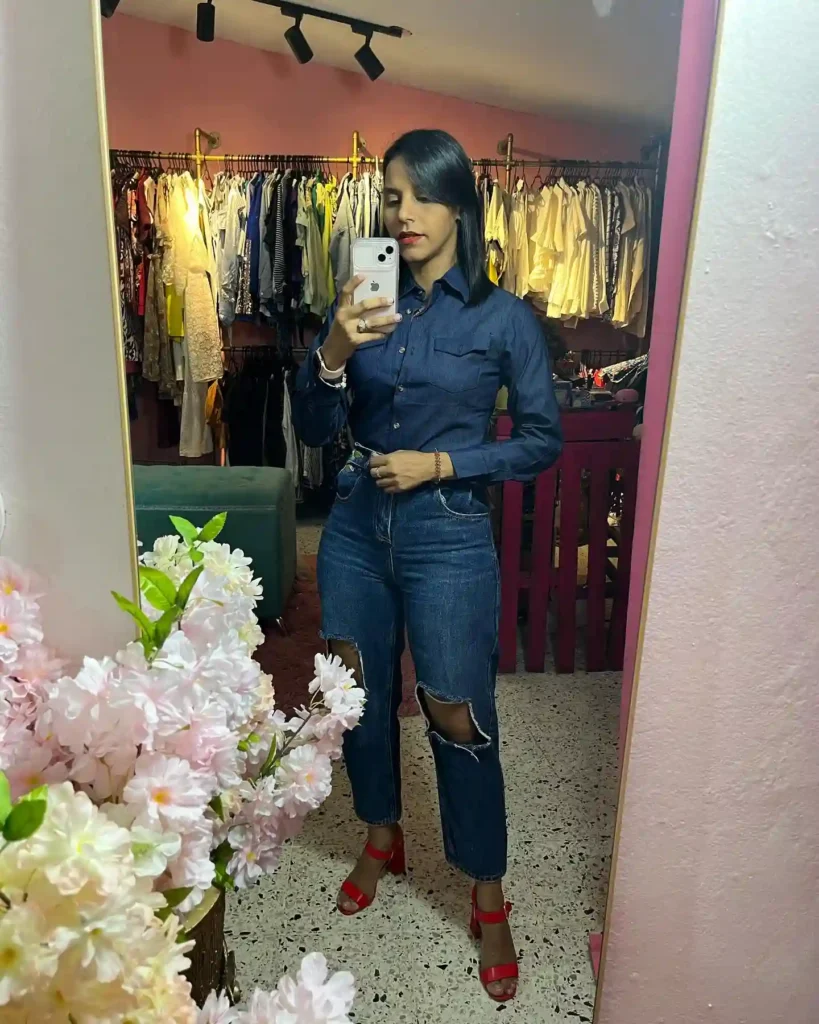Denim Shirt and Mom Jeans Outfit with Heels