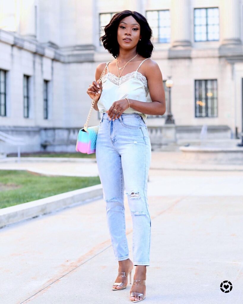Camisole and Mom Jeans Outfit with Heels