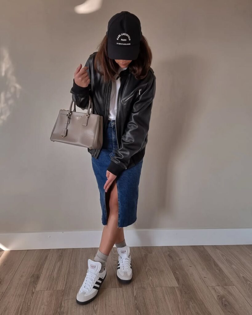 Casual Leather Jacket Denim Skirt Outfit with Adidas Sambas