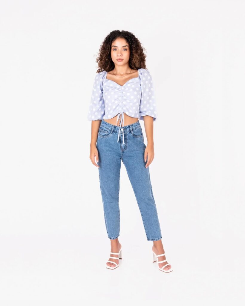 Polka Dot Top and Mom Jeans Outfit with Heels