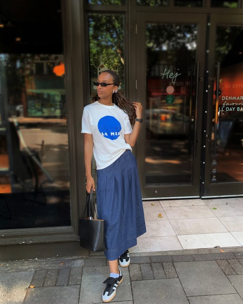 Casual Graphic Tee Denim Skirt Outfit with Adidas Sambas