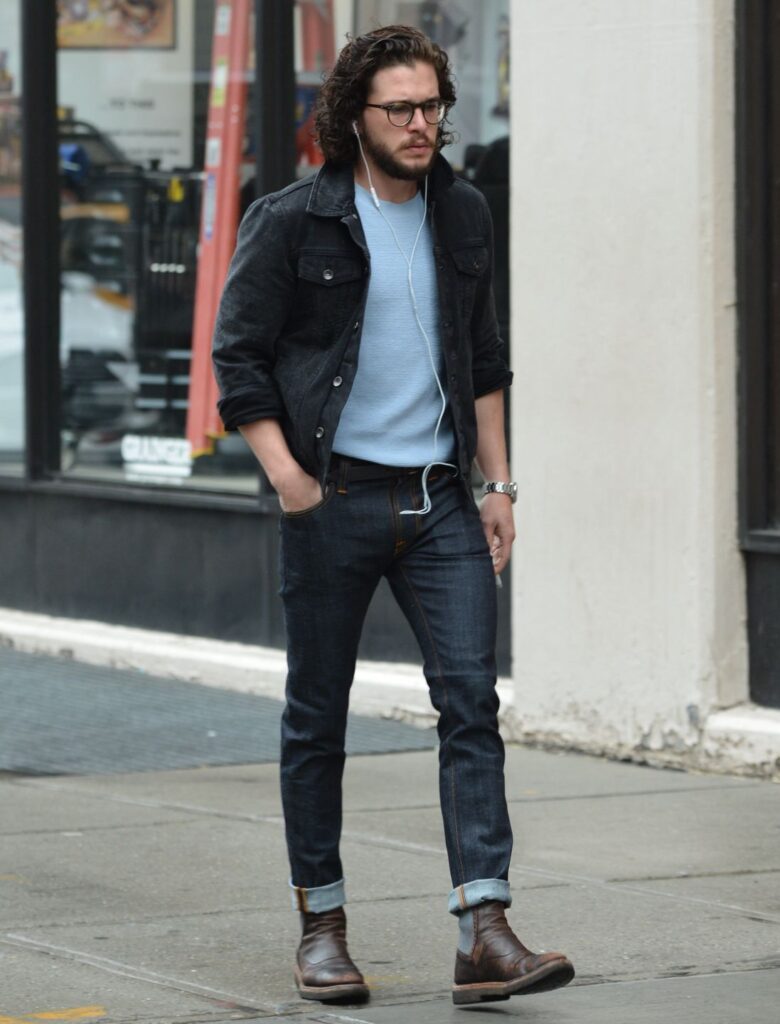 Dark Denim Jacket and Brown Chelsea Boots Jeans Outfit