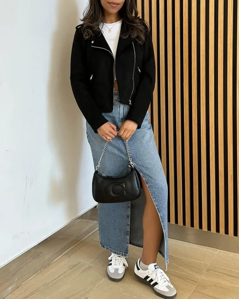 Casual Denim Skirt Outfit with Adidas Sambas