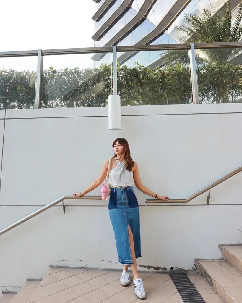 Patch Denim Skirt Outfit with Adidas Sambas