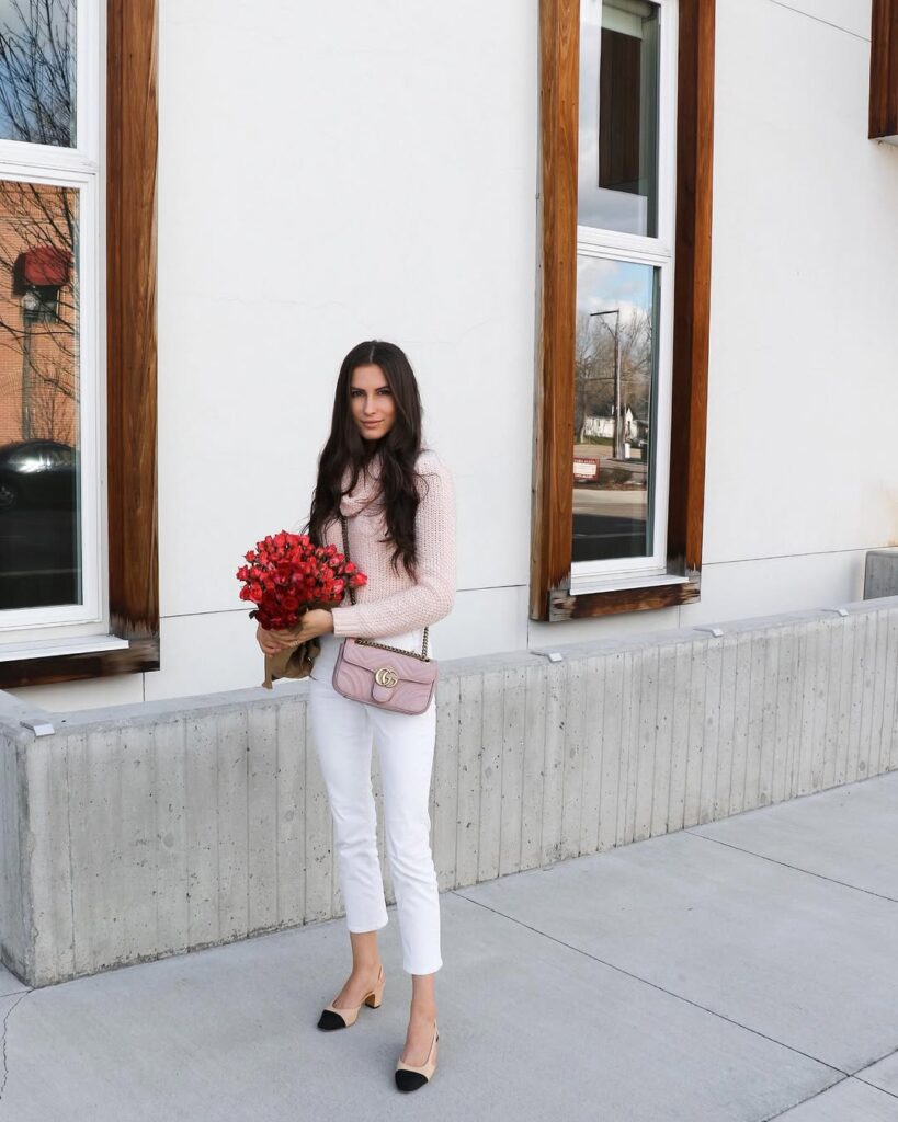 Soft Knit and Mom Jeans Outfit with Heels