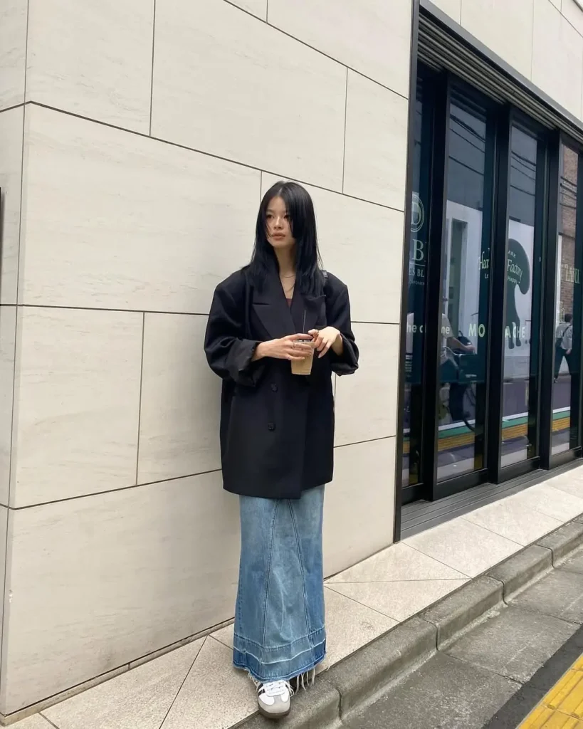 Off-Shoulder Denim Skirt Outfit with Adidas Sambas