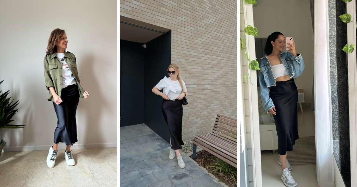 Black Satin Skirt Outfits with Sneakers for a Modern Look