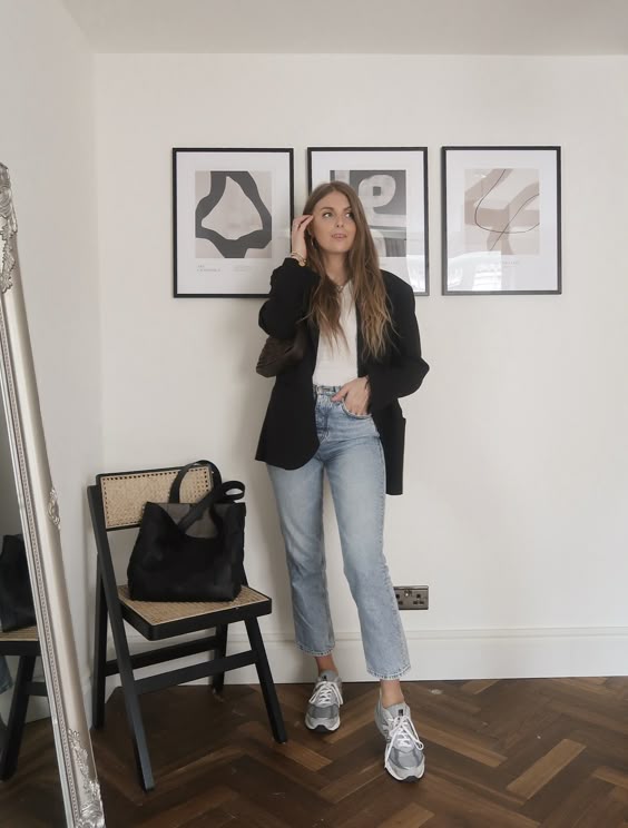 Black Blazer with Light Denim and New Balance 990v5 Outfit