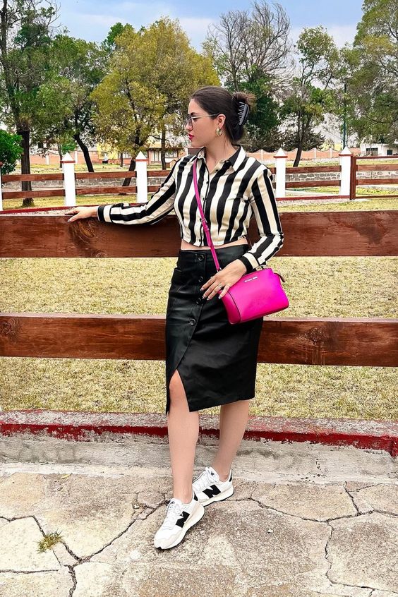 Striped Blouse with Black Midi Skirt and New Balance 327 Outfit
