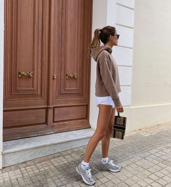 Cropped Hoodie with White Shorts and New Balance 990v5 Outfit