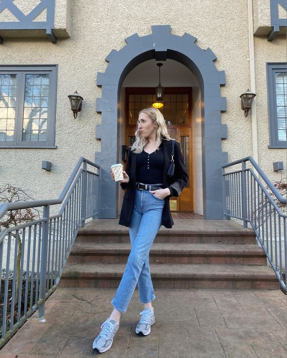 Black Blazer with Blue Jeans and New Balance 990v5 Outfit