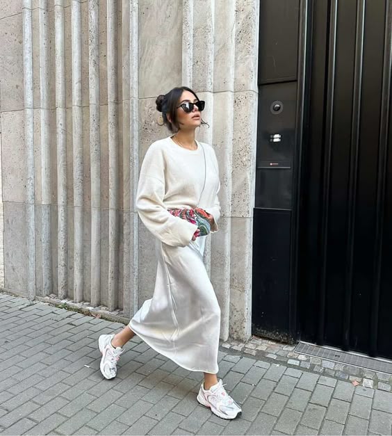 Neutral Maxi Skirt with Sweatshirt and New Balance 530