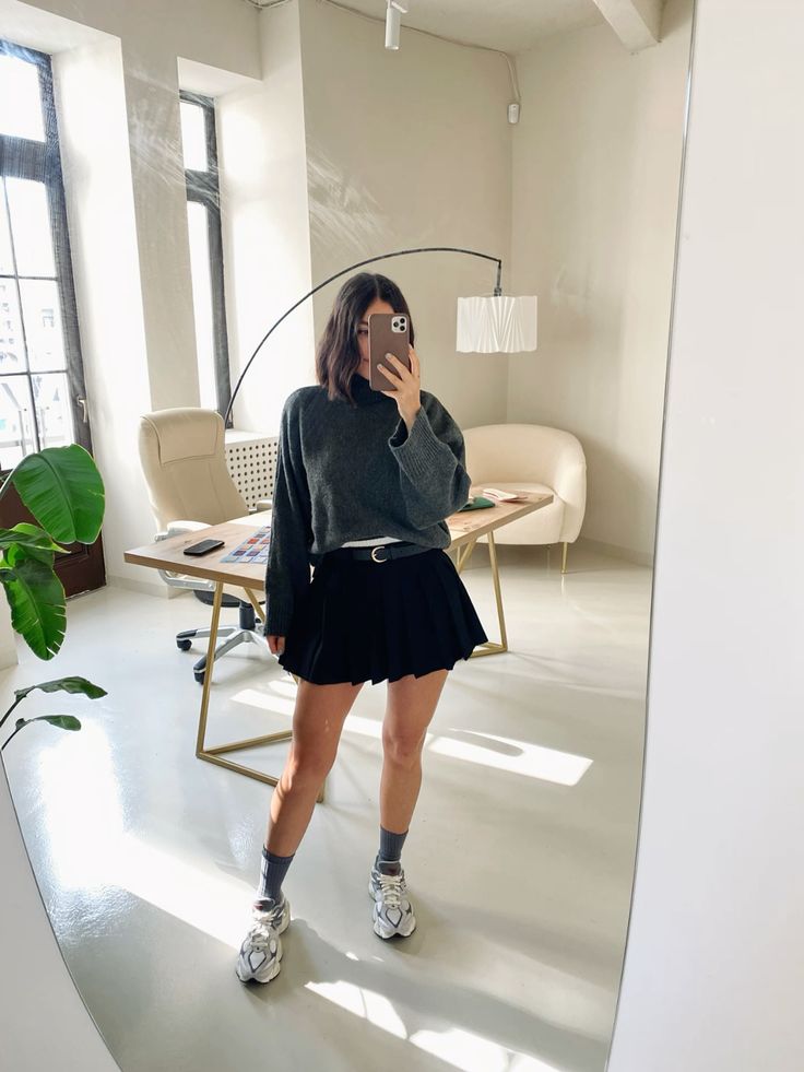 Oversized Sweater and Pleated Mini Skirt with New Balance 9060