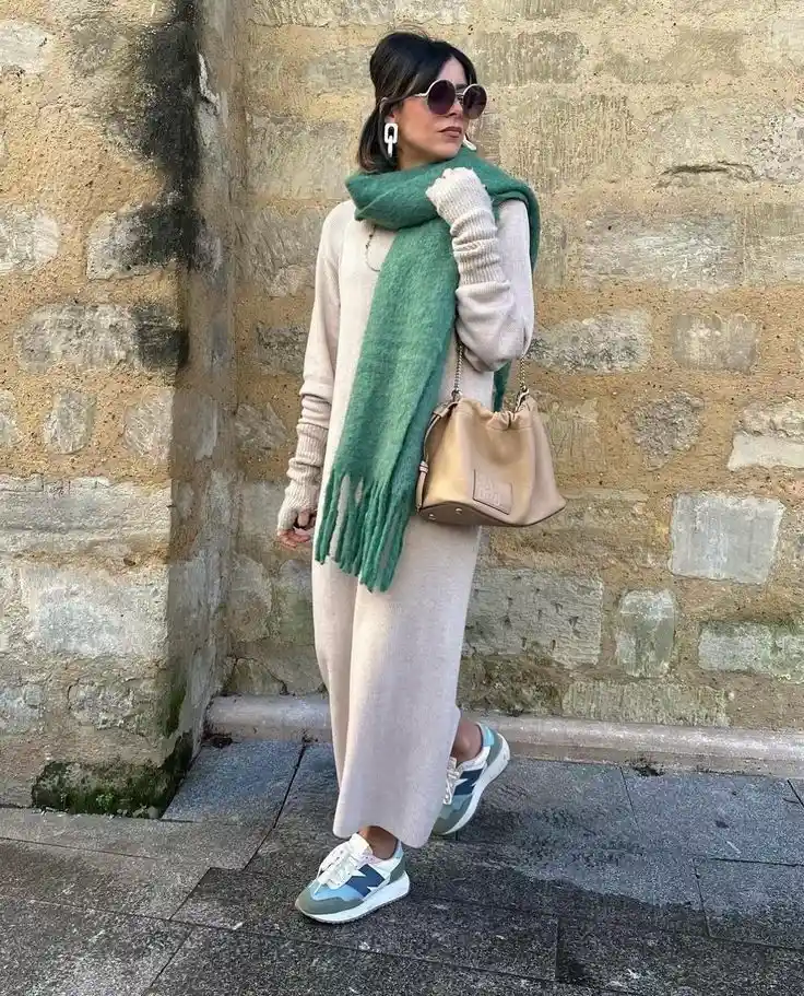 Knit Sweater Dress with New Balance 327 Outfit