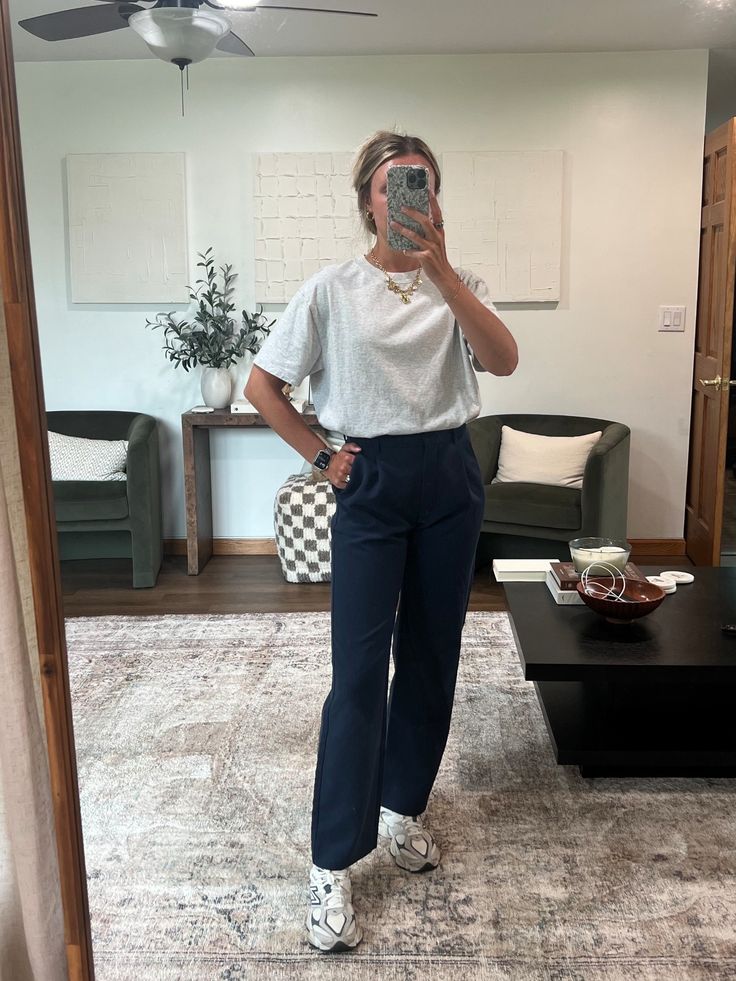 Grey Tee and Navy Trousers with New Balance 9060 Office Outfit