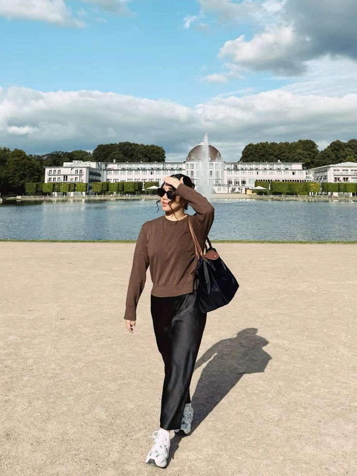 Black Satin Skirt with Brown Sweater and New Balance 530