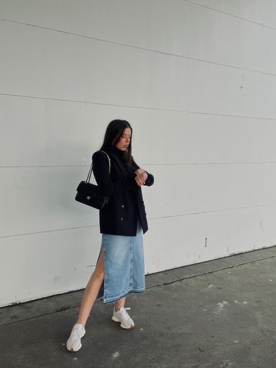 Black Blazer with Denim Midi Skirt and New Balance 327 Outfit