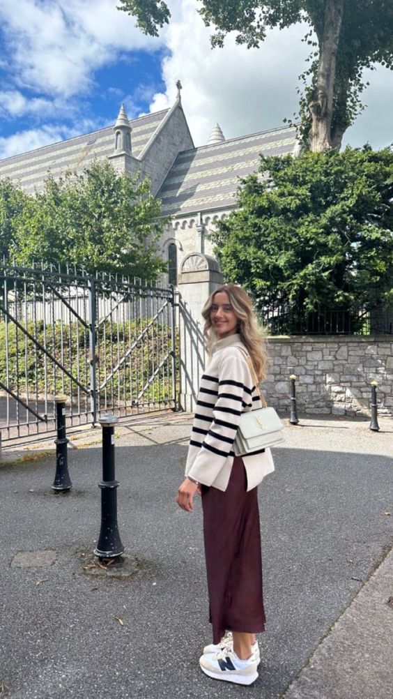 Striped Sweater with Satin Midi Skirt and New Balance 327 Outfit