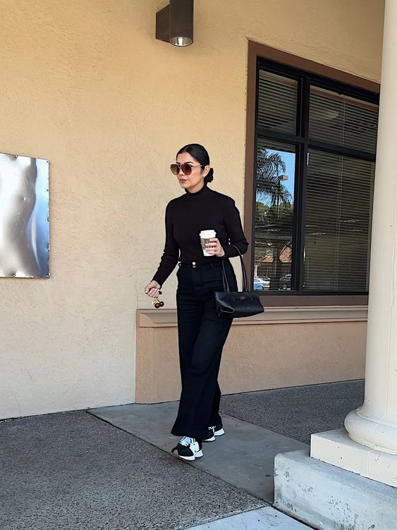 Black Turtleneck with Flared Skirt and New Balance 327 Outfit