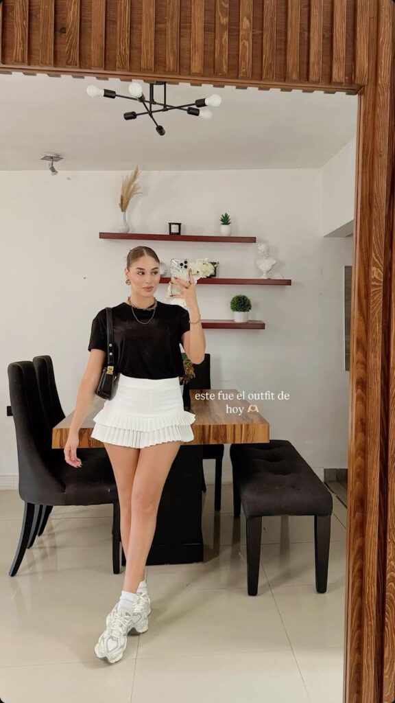 Black Tee and White Pleated Skirt with New Balance 9060