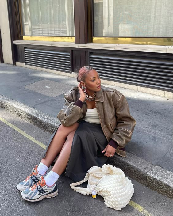 Leather Jacket and Midi Skirt with New Balance 1906R