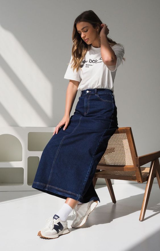 Graphic Tee with Denim Midi Skirt and New Balance 327 Outfit