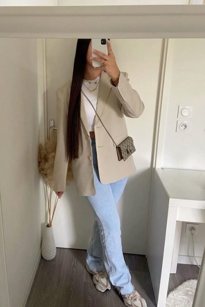Beige Blazer and Light Wash Jeans with New Balance 9060 Office Outfit